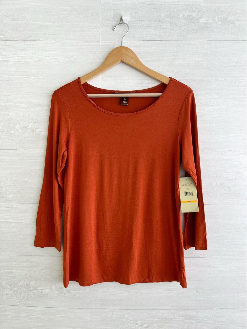 NWT Multiples Womens S Rust Brown Rayon 3/4 Sleeve Scoop Neck Top Fall